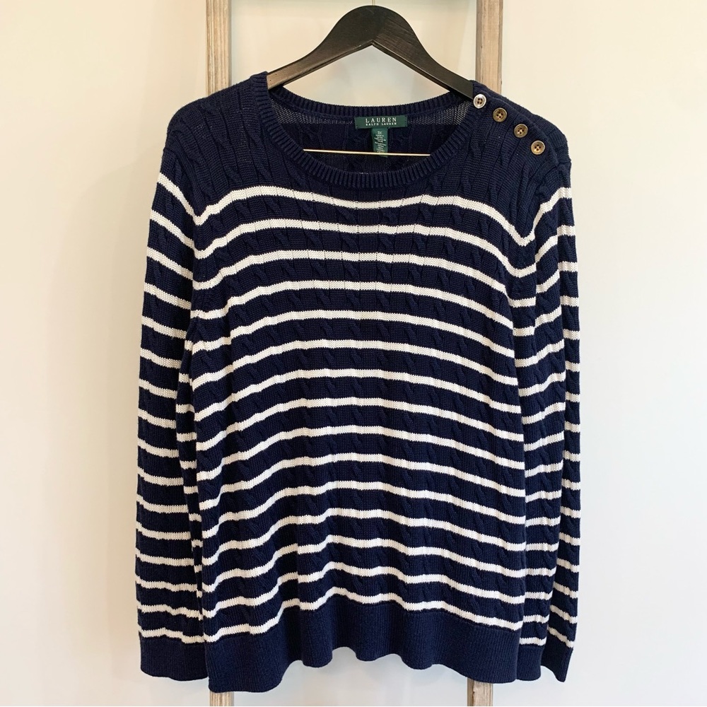 Lauren Ralph Lauren Navy and White Striped Cable Knit Button Shoulder Sweater